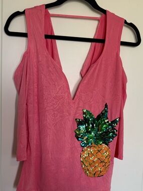Pink V-Neck Top with Sequin Pineapple Appliqué